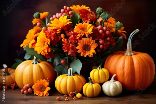 Assortment of pumpkin and flowers autumn harvest Happy Thanksgiving pumpkin  