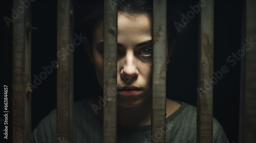 Person Behind Barred Window: Mental Imprisonment Depiction