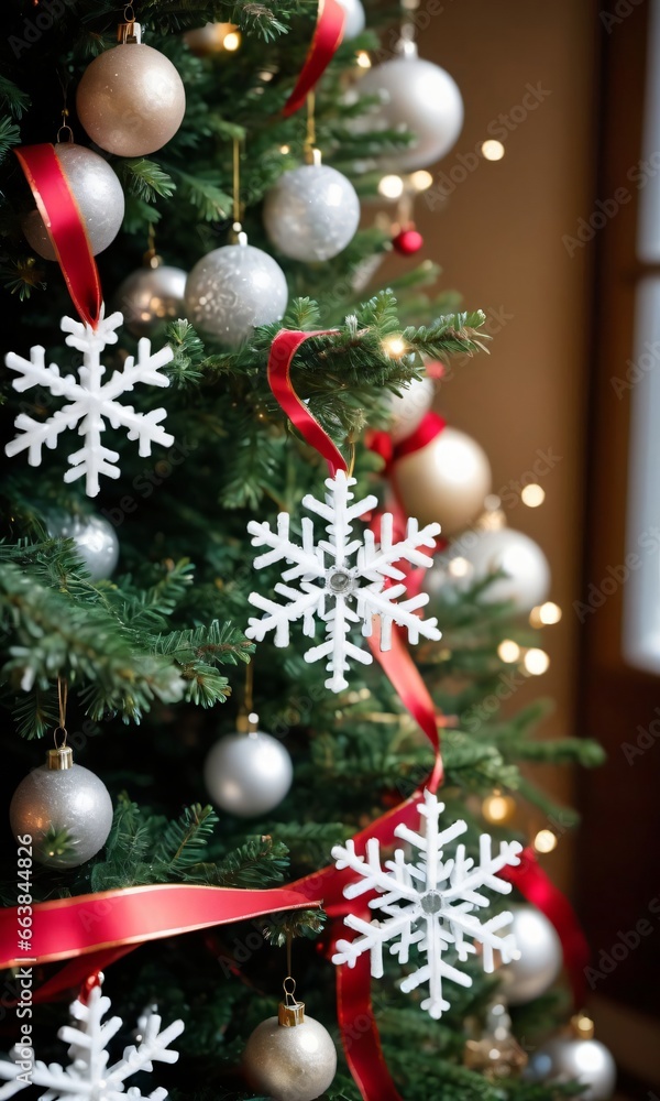 A Christmas Tree With White And Red Ornaments