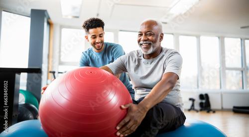 Physical therapist working with elder patient, physiotherapy, helping old retired african american pensioner man in a clinic, therapy