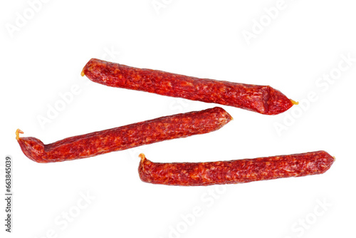 Three long sticks sousages isolated in a white background photo