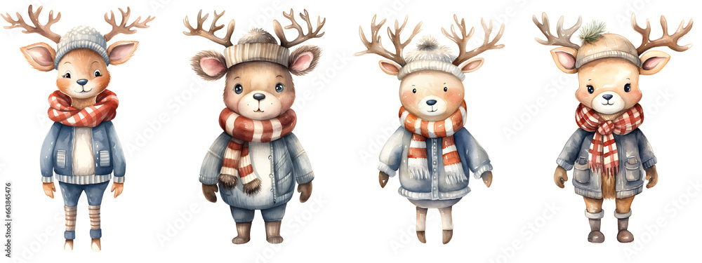 Watercolor Set of Christmas Reindeer in Winter Clothes on Transparent Background Watercolor Set of Christmas Reindeer in Winter Clothes on Transparent Background