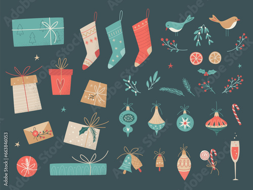 Set of Christmas and New Year decorative elements in retro style. Gift boxes, Xmas decorations, socks for gifts, winter floral elements, glass of champagne, birds. Vector elements on dark background