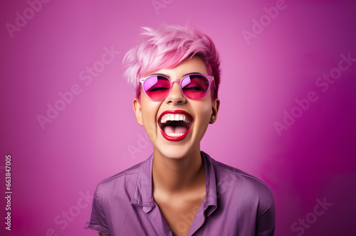 Photo of caucasian happy female in studio shot