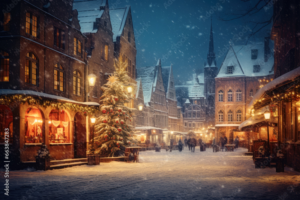 Obraz premium Christmas market in old town square at snowy evening. People walking by the street.