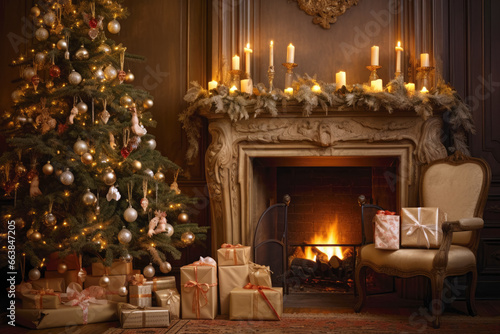 Christmas tree with gifts near fireplace at cozy room at evening © SergeyIT