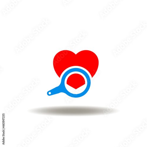 Vector illustration of heart with magnifier. Icon of cardiac diagnosis. Symbol of cholesterol level control. Cardiovascular sign.
