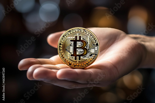 hands holding cryptocurrency golden bitcion.