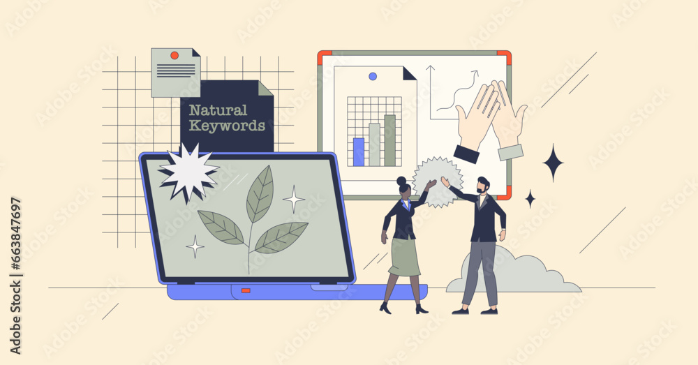 Organic SEO tips to promote or boost website ranking retro tiny person concept. Effective search engine optimization work with natural keywords vector illustration. Advertising information or content