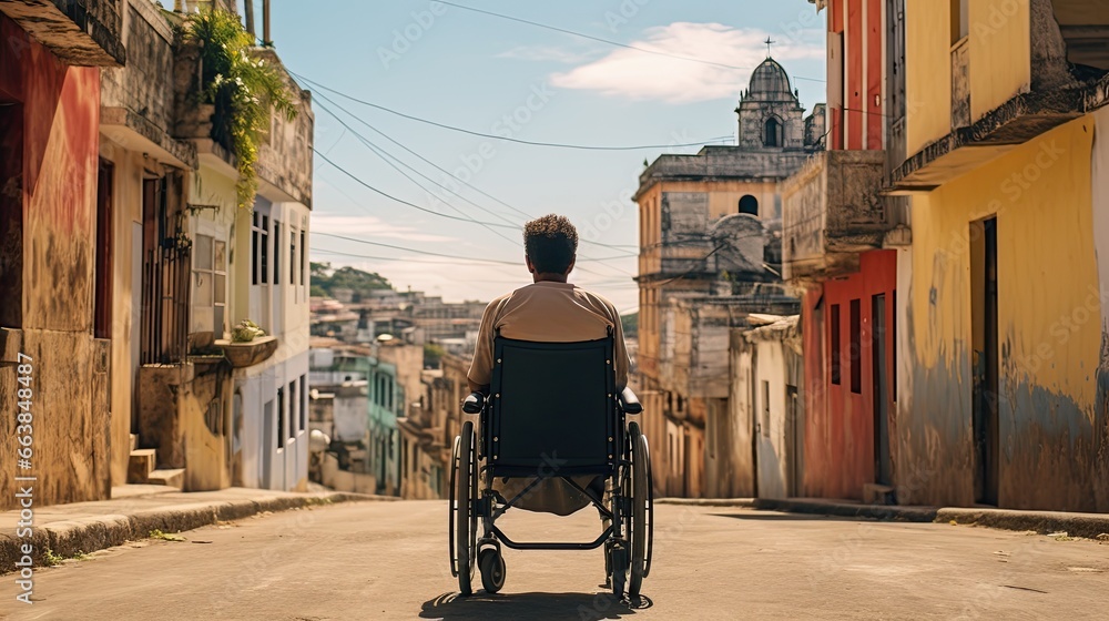 Man in wheelchair travels through the old city. Mobility, accessibility inclusion for people with disabilities. Generative AI