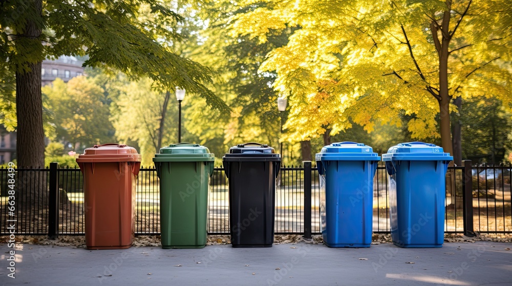 Multi-colored recycling trash containers in the park. Generative AI Multi-colored recycling trash containers in the park. Generative AI