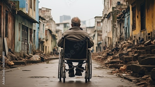 Disabled man in wheelchair rides through ruined city. Generative AI photo