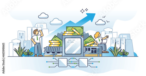 Digital currency and sustainable growth with financial profit outline concept. Use bank transaction for payment vector illustration. Successful business with modern finance trade technology usage.