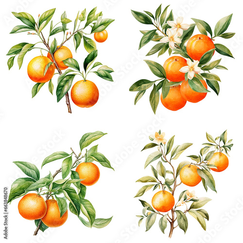 Watercolor mandarine orange fruit set with leaves and blossom isolated on white background. Orange citrus tree. Mandarin bloom. Tangerine with leaves, branch, flower. Hand painted illustration