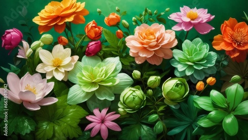 beautiful different types of flowers green nature background top.