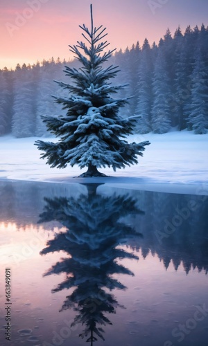 A Lone Tree Stands In A Frozen Lake © Pixel Matrix