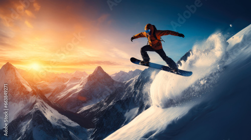 Snowboarder jumps performing an amazing trick against the backdrop of a beautiful orange sunset and snowy mountains. The concept of winter extreme sports and active lifestyle. © Karim Boiko
