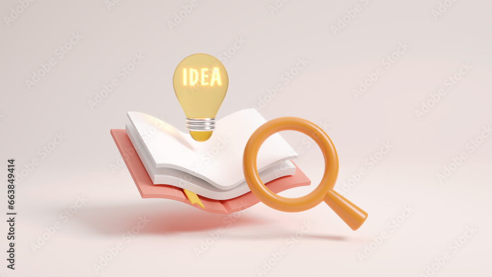 Textbook with glowing light bulb and magnifying glass icon, study for ...