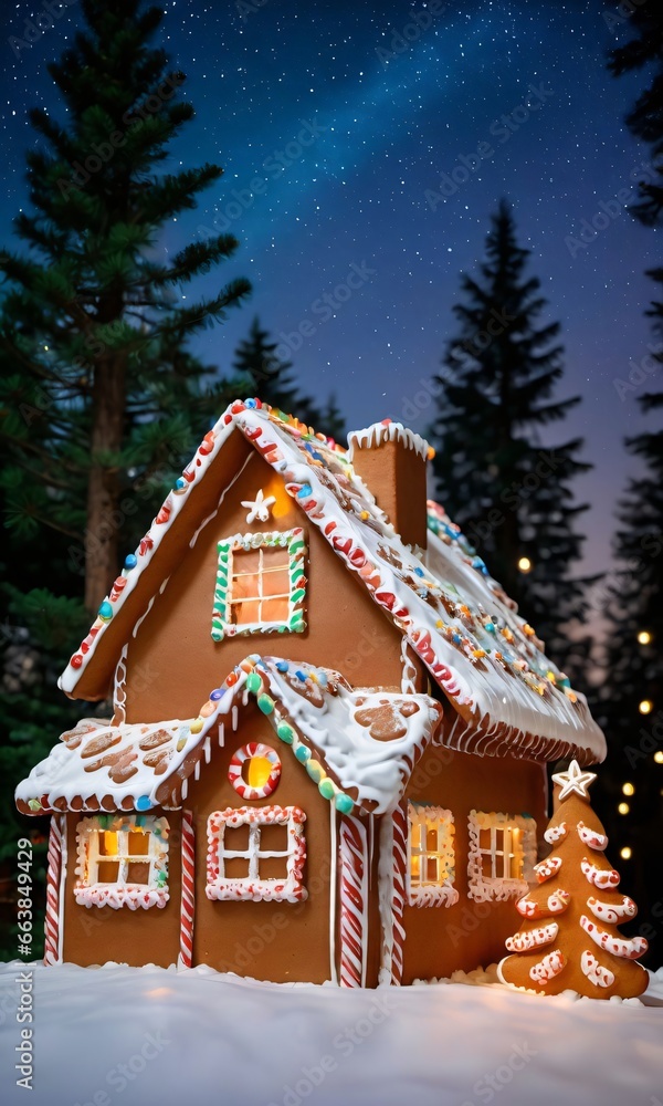 A Ginger House With A Christmas Tree In The Background A Ginger House With A Christmas Tree In The Background