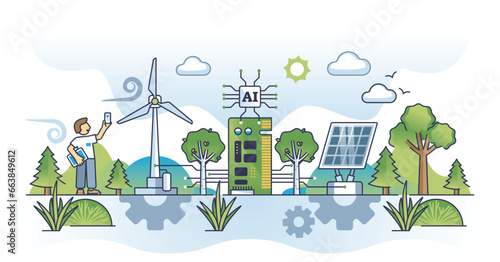 Green tech innovations and AI technology for eco power usage outline concept. Artificial intelligence and modern engineering for effective alternative future energy development vector illustration.