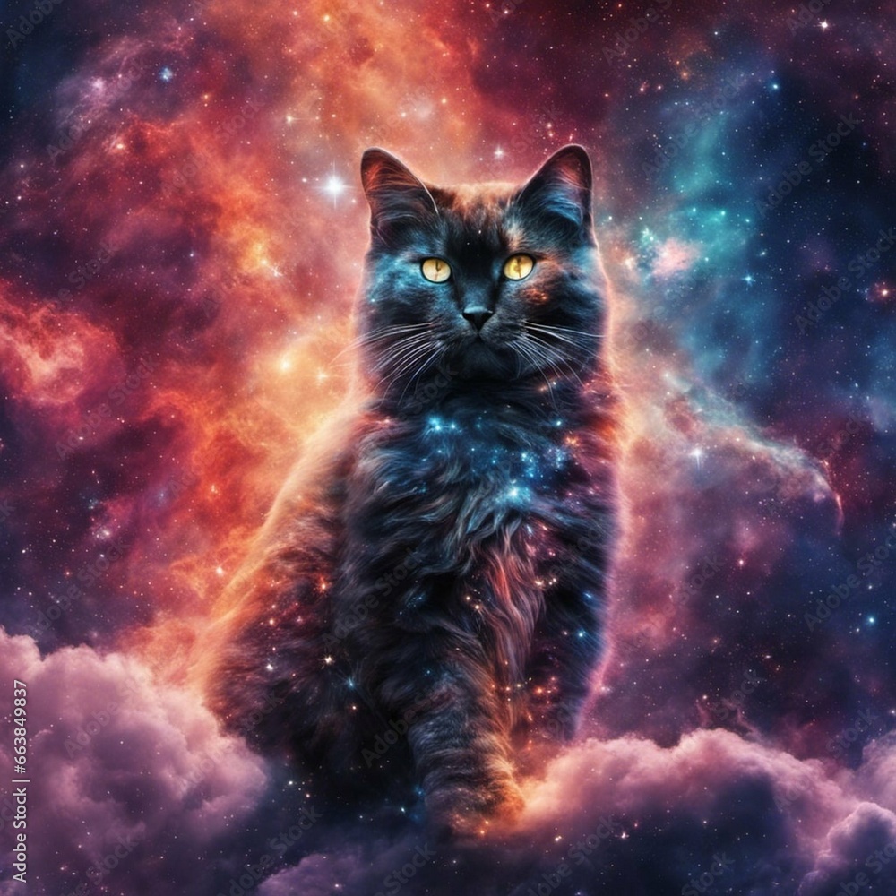 mystical cosmic cat, star clusters and gas clouds shining brightly, detailed, high resolution