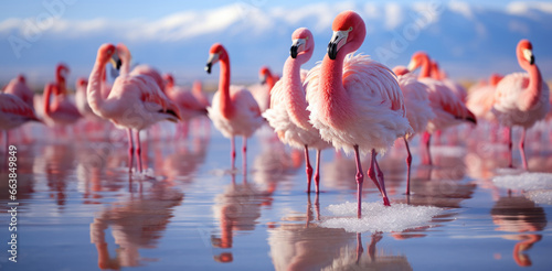 A flock of beautiful flamingos in a lake with mountains in the background