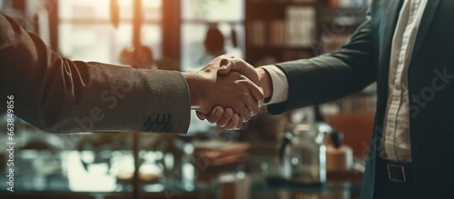 businessmen are shaking hands, partnership deals business while standing indoors in the office photo