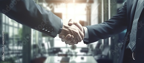 businessmen are shaking hands, partnership deals business while standing indoors in the office