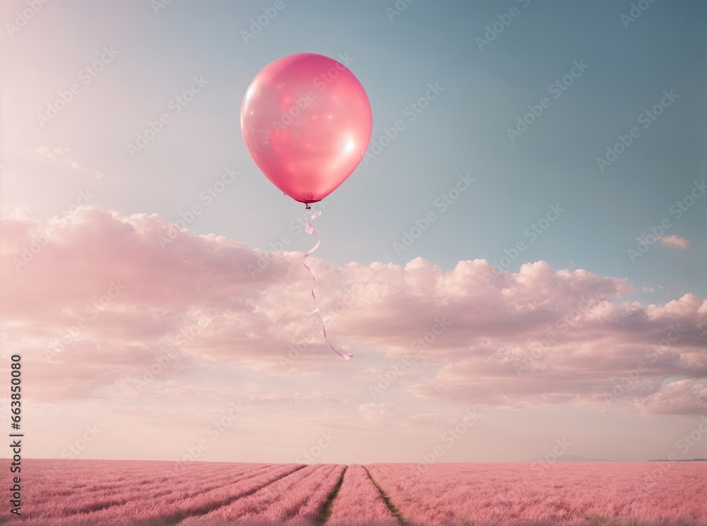Fototapeta premium Romance in the Air: Pink Balloons Dance Above Fields