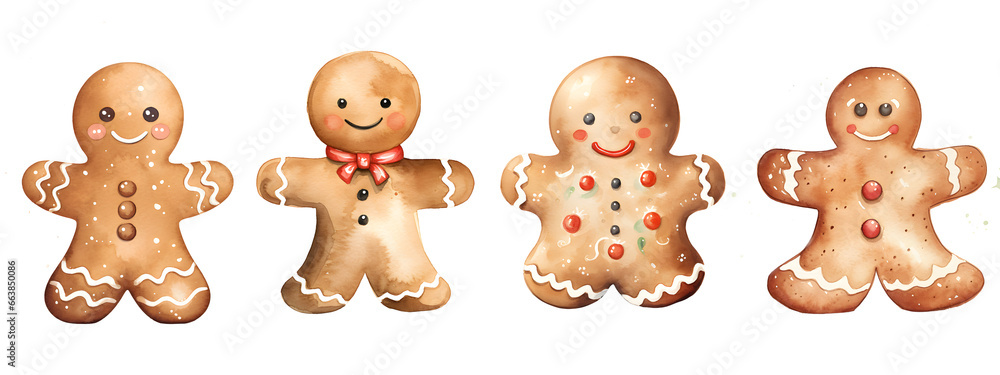 Fototapeta premium Set of Minimalistic Watercolor Christmas Gingerbread Illustrations on Transparent Background
