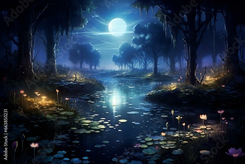 Captivating aerial wetland at night with a touch of fantasy. Perfect wallpaper for devices. Generative AI
