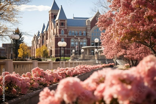 Vibrant outdoors view of University of Arkansas's iconic main architecture. Generative AI