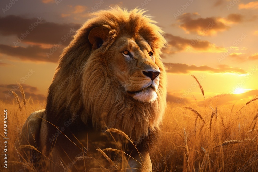 A regal lion enjoying a radiant African savanna sunset, surrounded by swaying grasses. Generative AI