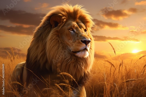 A regal lion enjoying a radiant African savanna sunset  surrounded by swaying grasses. Generative AI