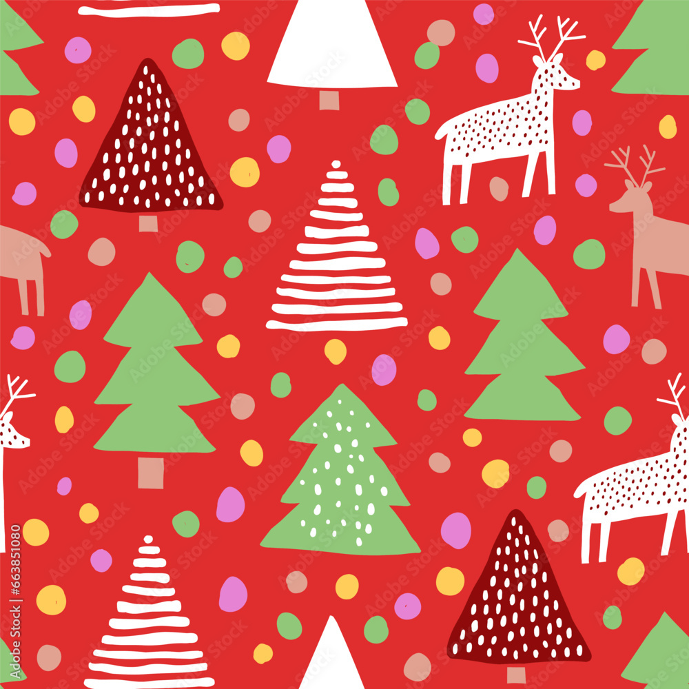 Christmas trees, reindeers pattern on red background. Hand drawn Christmas pattern in cut out style. Vector illustration Christmas trees, reindeers pattern on red background. Hand drawn Christmas pattern in cut out style. Vector illustration