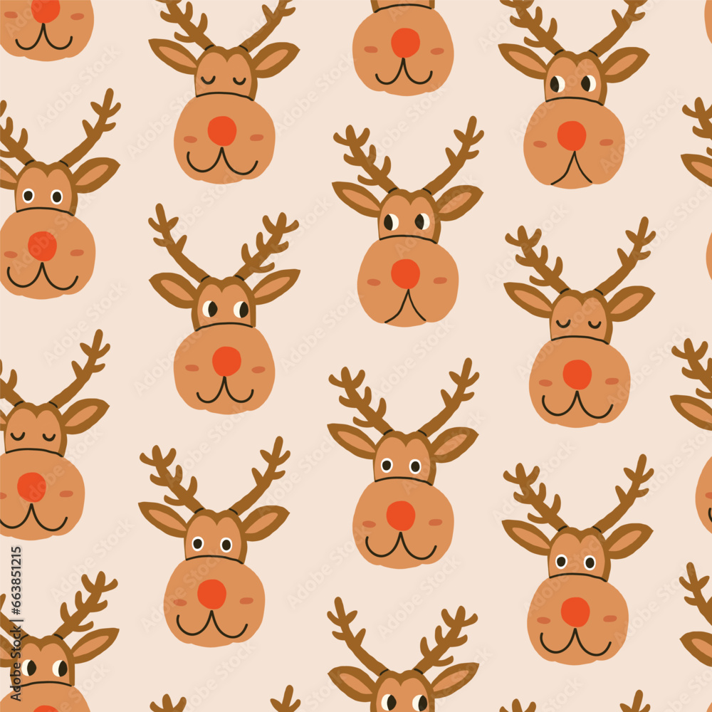 Christmas reindeer Rudolf character seamless pattern on beige, reindeer with different emotions. Christmas deer pattern, deer character for kids. Vector illustration Christmas reindeer Rudolf character seamless pattern on beige, reindeer with different emotions. Christmas deer pattern, deer character for kids. Vector illustration