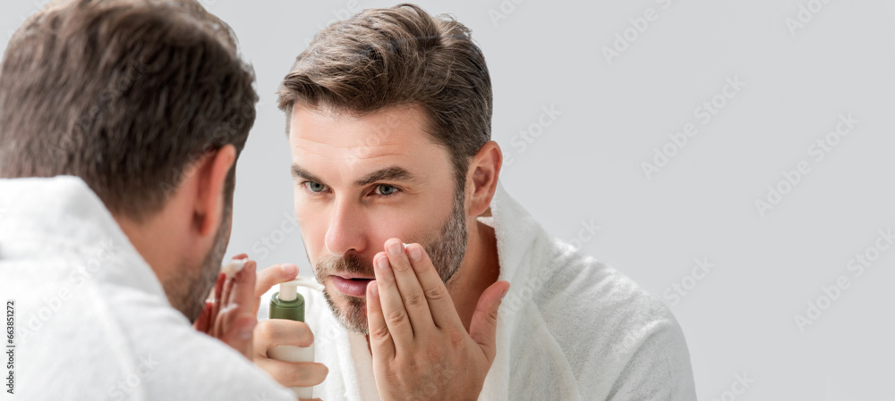 Cosmetic cream for man. Spa male model, skincare product for skin face. Morning mask for skin with anti-aging effect. Skin care. Male face cream. Man with perfect soft skin. Beauty cosmetic banner. Cosmetic cream for man. Spa male model, skincare product for skin face. Morning mask for skin with anti-aging effect. Skin care. Male face cream. Man with perfect soft skin. Beauty cosmetic banner.