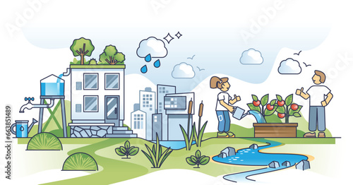 Water conservation in city with rainwater collection and reusage in garden outline concept. Save drinking water in urban environment vector illustration. Smart and effective household garden watering #663851489