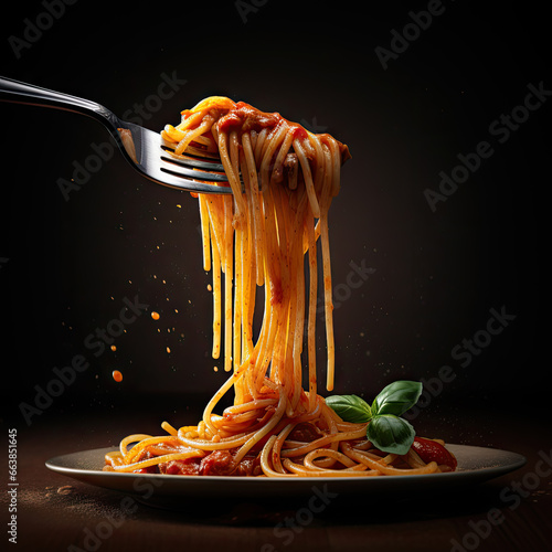 spaghetti pasta with a fork, generative ai photo