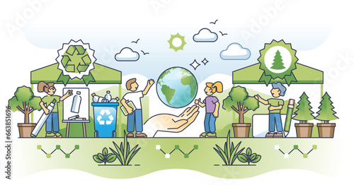 Eco awareness initiatives with environmental society care outline concept. Effective waste management for smart resource usage vector illustration. Forest planting for green and ecological future.
