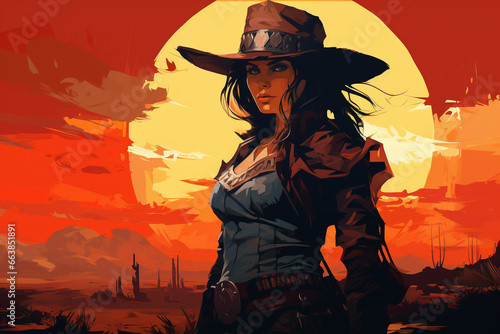 Attractive young cowgirl illustration. Generative ai
