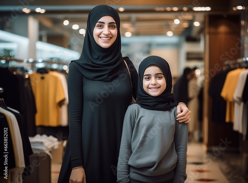 Arabic speaking woman and child in a clothing store. Fictional characters created by Generated AI.