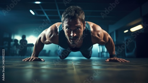 a person performing push-ups in a gym photo