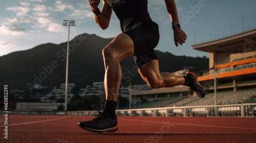 close-up image of a man running on the track. scene focuses on robust muscles of his legs