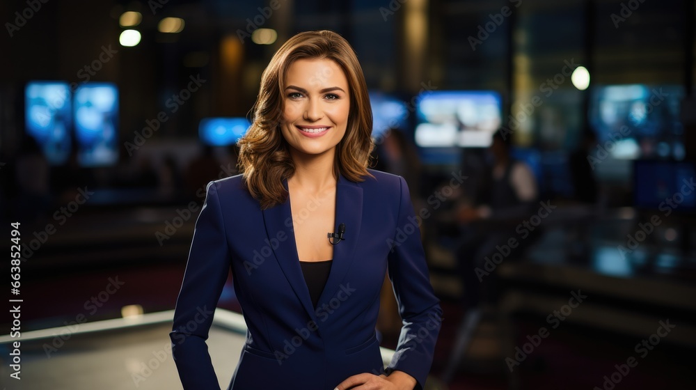 TV news female reporter, delivering news on a channel