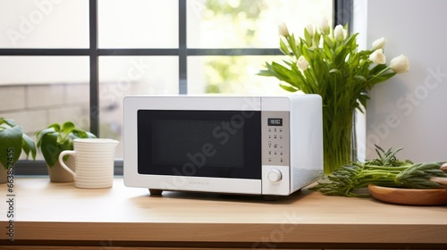 portrait of a microwave on a kitchen table