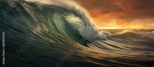 Colorful big Ocean Wave with Sunset light and beautiful clouds on background © Beny