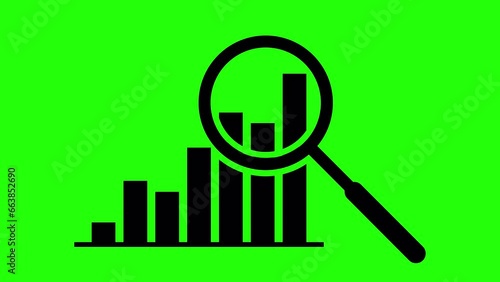Animation of Simple outline graph icon and magnifying glass isolated on green background. Business growth charts 4K resolution icon animated.