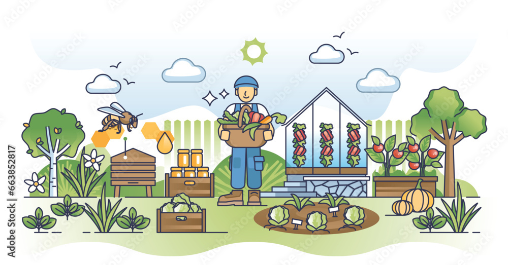Urban farming and Locavore movement to grow local food outline concept. Produce fresh bio vegetables, greens and roots yourself in home garden vector illustration. Healthy and sustainable lifestyle. - obrazy, fototapety, plakaty 