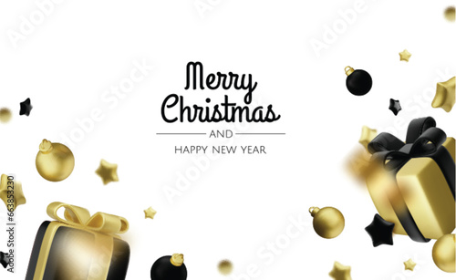 Happy New Year and Merry Christmas. Christmas holiday background with realistic 3d objects,gold and red bauble balls, conical metal stars. Levitation falling design composition.